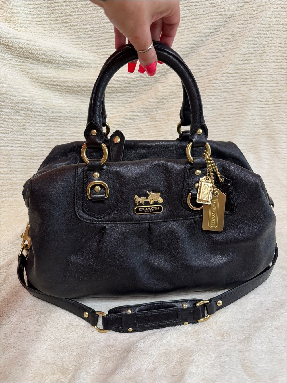 Coach Black Leather Satchel with Gold Hardware and Charm